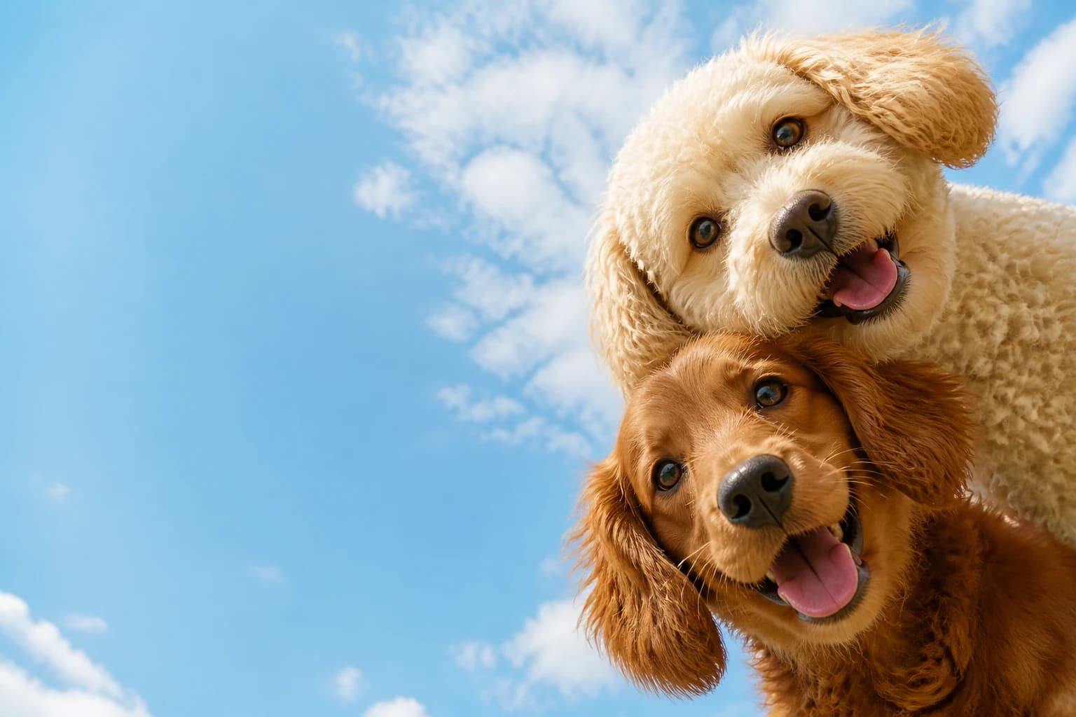 Two happy dogs peeking down into the camera against a blue sky