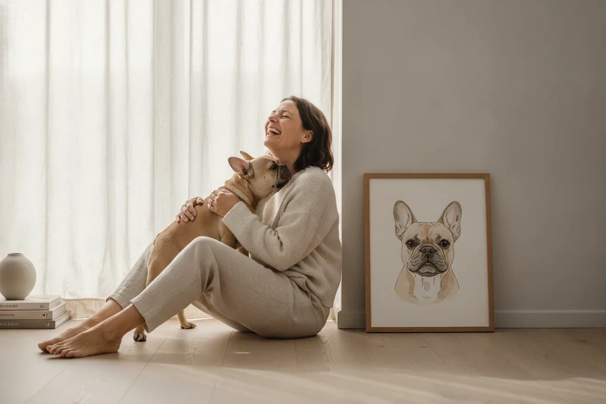 A woman sitting on the floor laughing with her French Bulldog, a framed portrait of the dog propped against the wall beside them