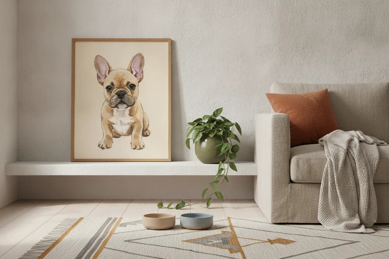 An oak-framed illustrated portrait of a French Bulldog leaning on a shelf beside a linen sofa, plant and wool rug in a Scandinavian living room