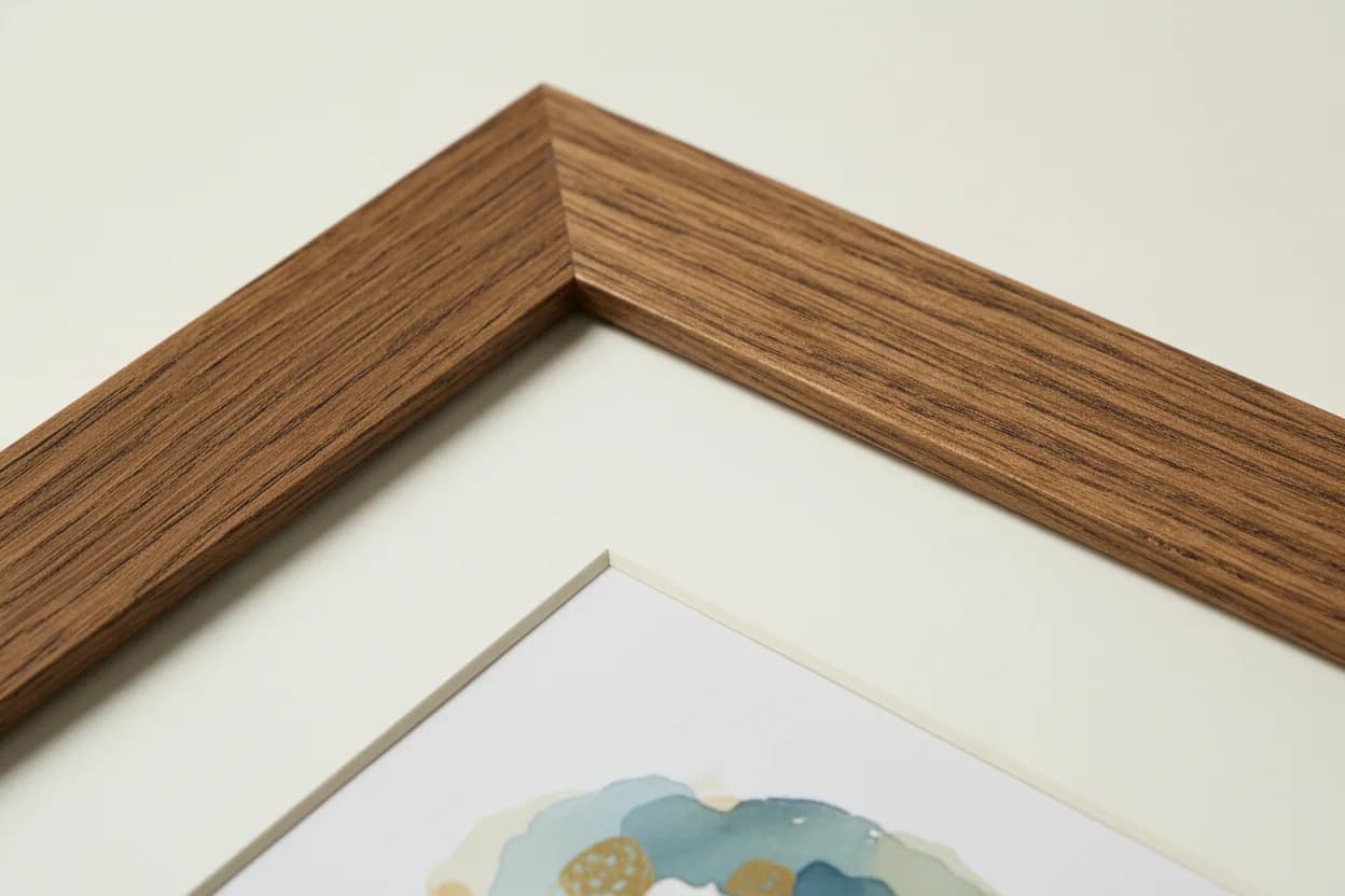 Close-up of the corner of a solid oak picture frame showing the wood grain and the bevelled edge of a wide off-white mat