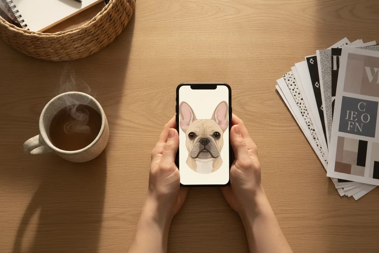 Hands holding a phone showing an illustrated French Bulldog portrait, beside a coffee mug and a fan of paper print samples on an oak desk